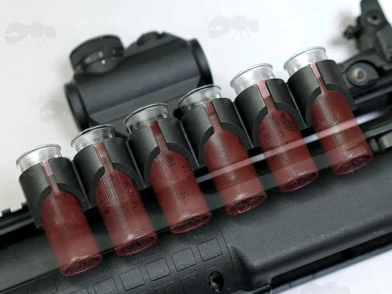 Side Saddle Shotgun Ammo Holder with Dual Picatinny Sight Rail Base Mounts, Shown Fitted to Shotgun with 6 x 12 Gauge Red Body Cartridges
